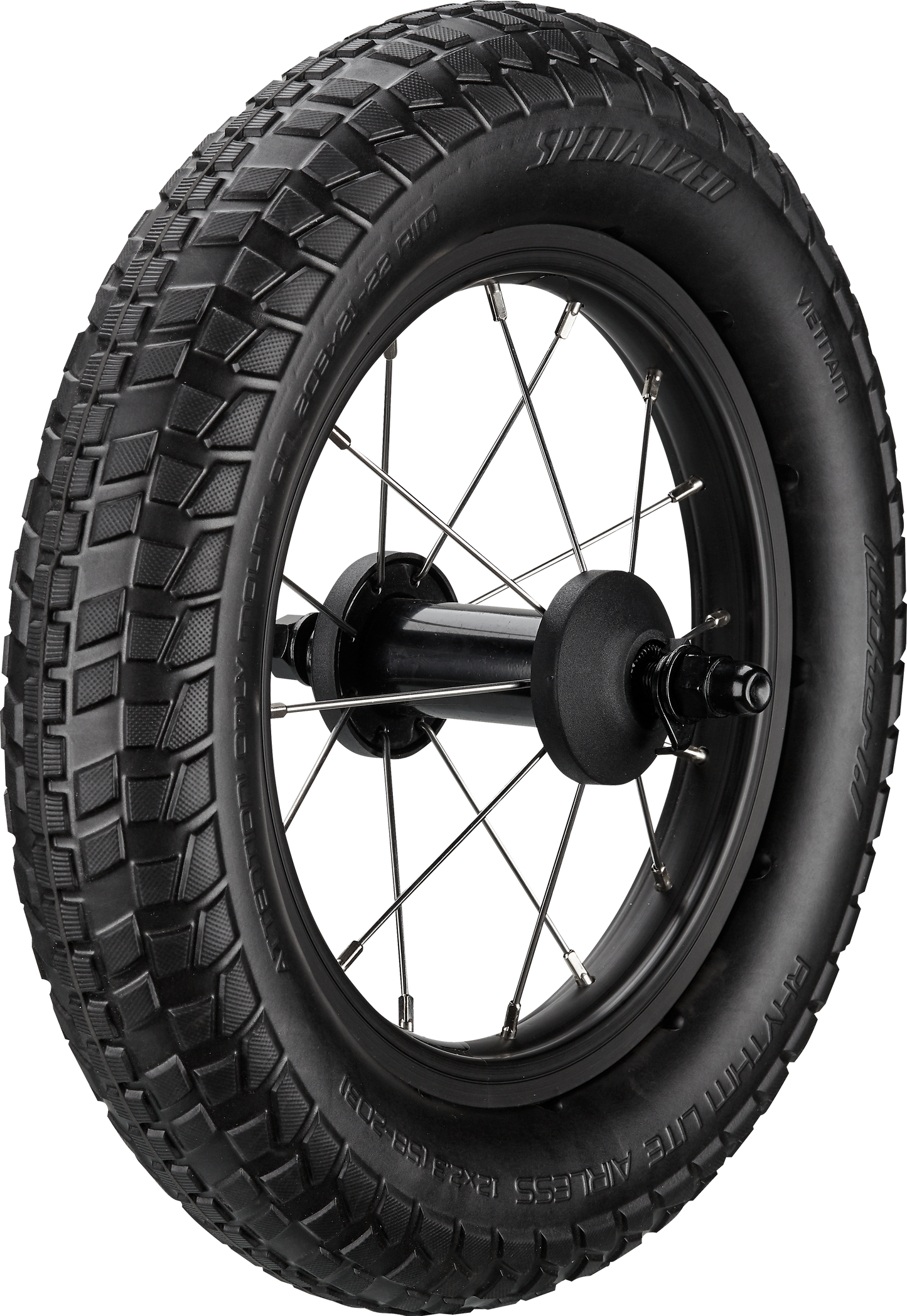WHL KIDS HOTWALK 12"; FRONT OR REAR, ALLOY, BOLT-ON, 16H, W/ 12X2.3" RHYTHM LITE AIRLESS TIRE MOUNTED
