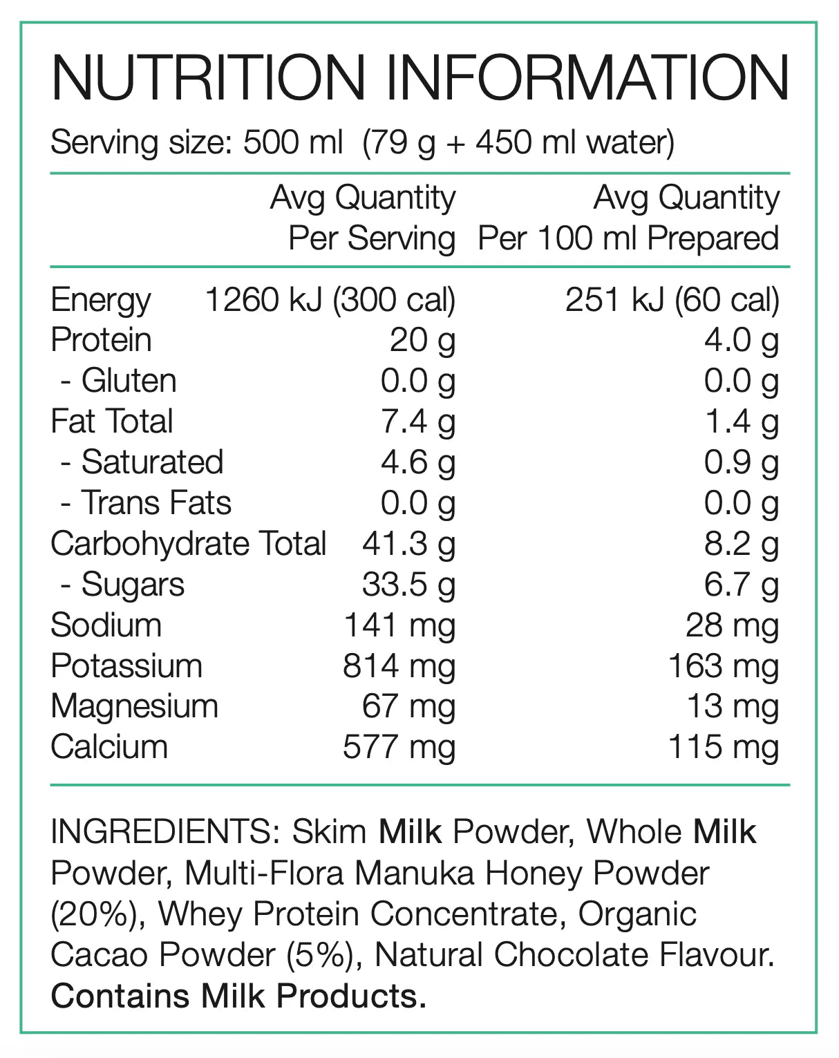 PURE - 475g RECOVERY SHAKE ORGANIC CACAO & HONEY